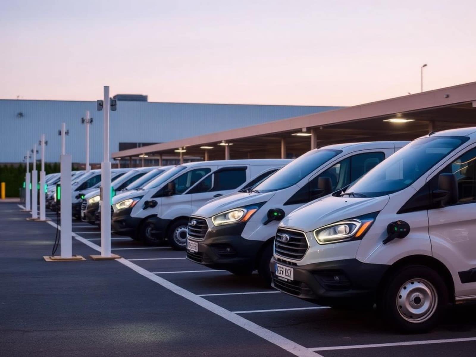 Row of electric commercial vans charging at depot EV chargers