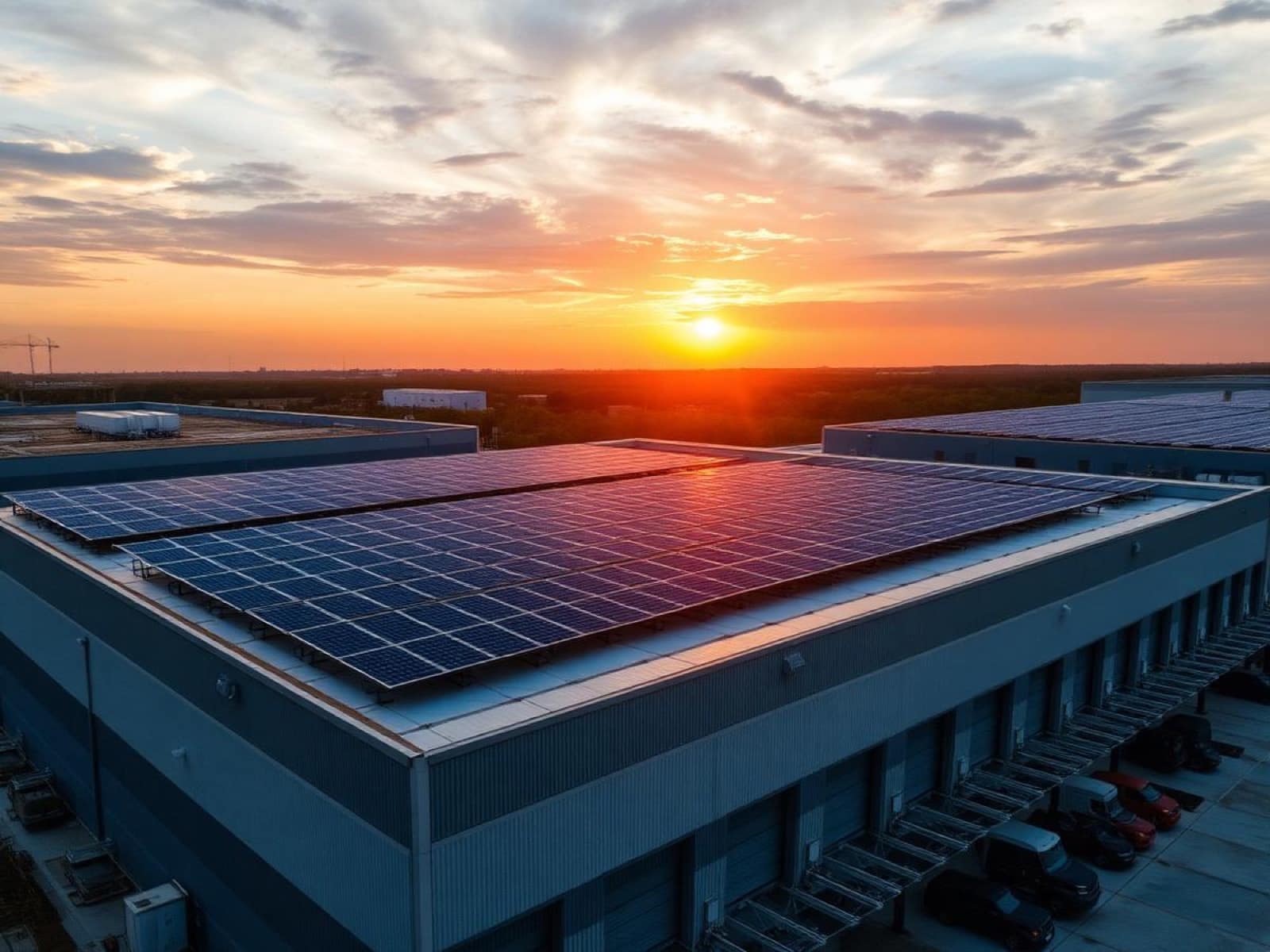 Commercial rooftop solar on a logistics warehouse at sunrise