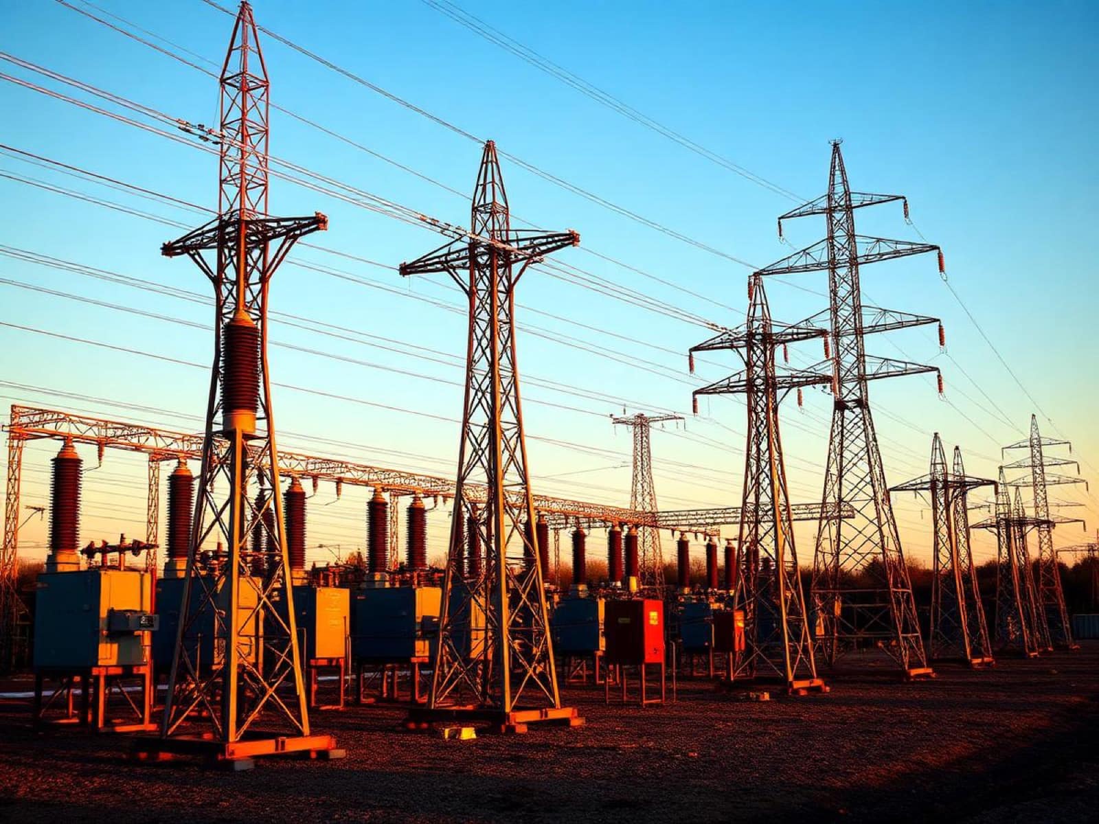 UK electricity substation with high-voltage transformers and pylons