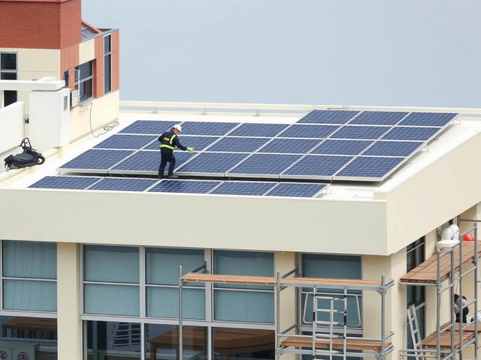 Engineer installing rooftop solar on an operational building